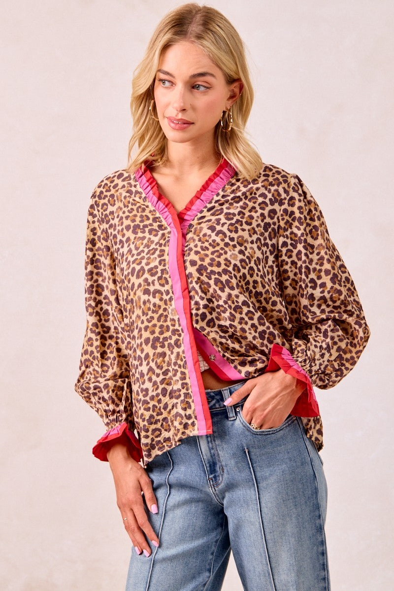 BiBi Long Sleeve Leopard Print Top with Contrasting Wavy Trim in