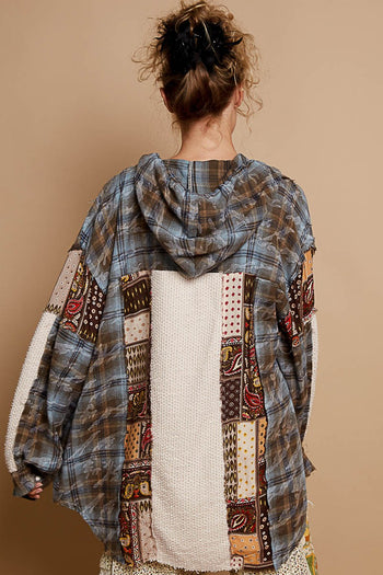 POL Mixed Print Hooded Button Down Top in Choco Multi
