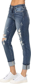 Judy Blue Destroyed Mid Rise Cuffed Boyfriend Jeans in Medium