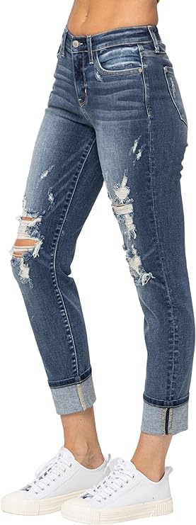 Judy Blue Destroyed Mid Rise Cuffed Boyfriend Jeans in Medium