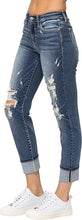 Load image into Gallery viewer, Judy Blue Destroyed Mid Rise Cuffed Boyfriend Jeans in Medium
