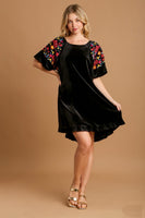 Umgee Velvet Mini Dress with Floral Embroidery in Black