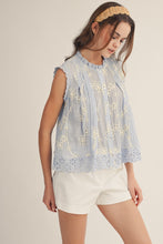 Load image into Gallery viewer, LovLov Blossom Delicate Lace Edged Embroidered Blouse in Ice Blue
