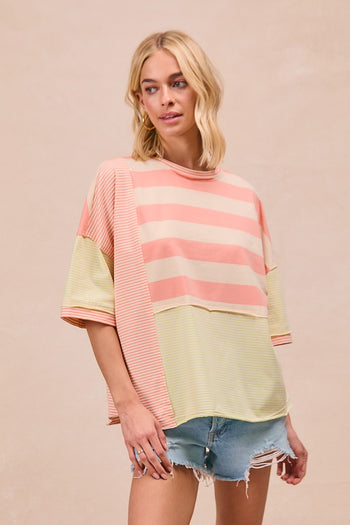 BiBi Contrasting Colored Mix N Match Striped Top in Peach/Rose/Lime
