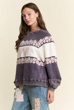 Load image into Gallery viewer, J.nna Mineral Washed Lace Trimmed Positive Lettering Front Sweatshirt in Navy
