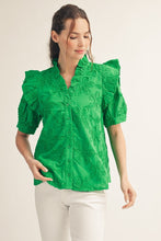 Load image into Gallery viewer, Jodifl Ruffle Detail Button Down 3D Floral Top in Kelly Green
