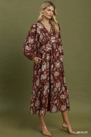 Umgee Floral Print Boho Maxi Dress in Merlot