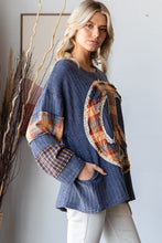 Load image into Gallery viewer, Oli &amp; Hali Knit Top with Mixed Print Peace Sign Patch on Front in Blue
