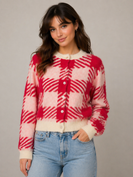 So Me Soft Knit Christmas Checkered Cardigan in Red