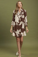 Umgee Floral Smocked Yoke Tiered Mini Dress in Brown