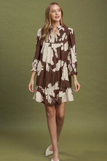Umgee Floral Smocked Yoke Tiered Mini Dress in Brown