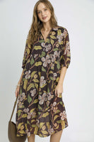 Umgee Lightweight Bold Floral Print Midi Dress in Brown Mix