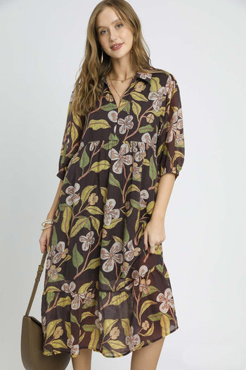 Umgee Lightweight Bold Floral Print Midi Dress in Brown Mix