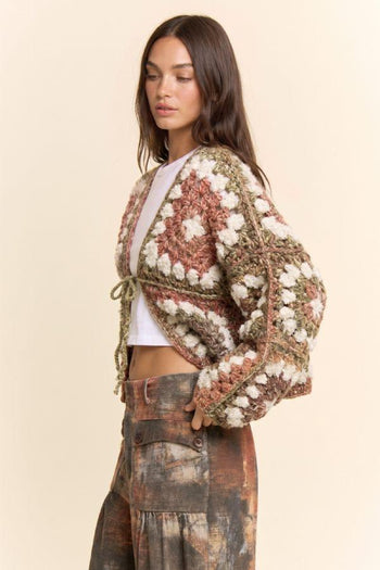 Davi & Dani Chunky Soft Knit Crochet Cardigan in Cinnamon