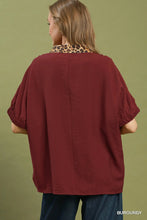 Load image into Gallery viewer, Umgee Leopard Trim Dolman Sleeve Blouse in Burgundy
