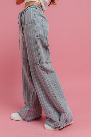 BiBi Washed Pinstripe Cargo Pants in Denim