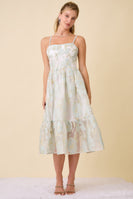 Main Strip Metallic Floral Embossed Midi Dress in Light Blue