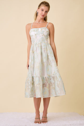 Main Strip Metallic Floral Embossed Midi Dress in Light Blue