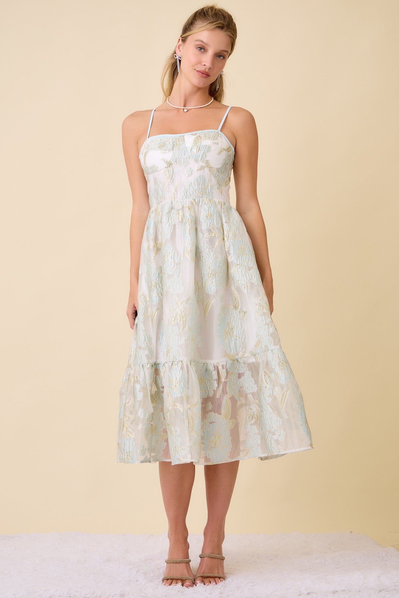 Main Strip Metallic Floral Embossed Midi Dress in Light Blue M