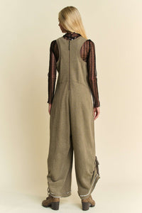 Davi & Dani French Terry and Contrasting Ribbed Knit Jumpsuit in Mocha Olive