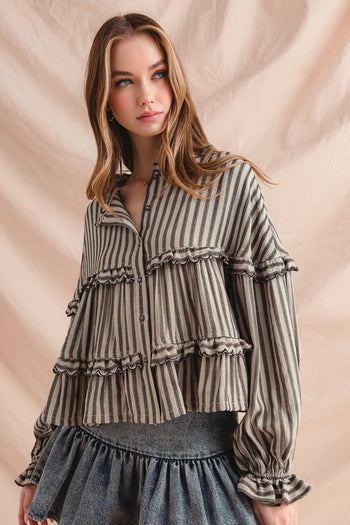 So Me Variegated Stripe Reversible Flowy Boho Top in Black