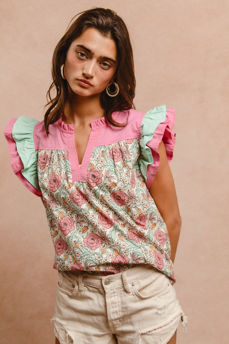 BiBi Floral Print Top with Contrasting Double Ruffle Sleeves in