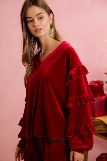 BiBi Holiday Velvet Ruffled Sleeves V Neck Top in Crimson