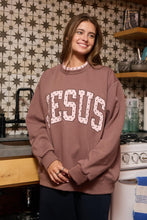 Load image into Gallery viewer, BucketList “JESUS” Heart Applique Varsity Sweatshirt in Brown

