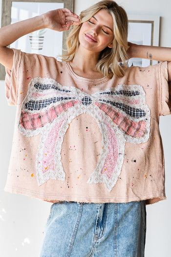 Oli & Hali Paint Splatter Top with Large Ribbon Bow Patch on Front in Pink