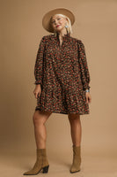 Umgee Floral Print Corduroy Mini Dress in Chocolate Mix