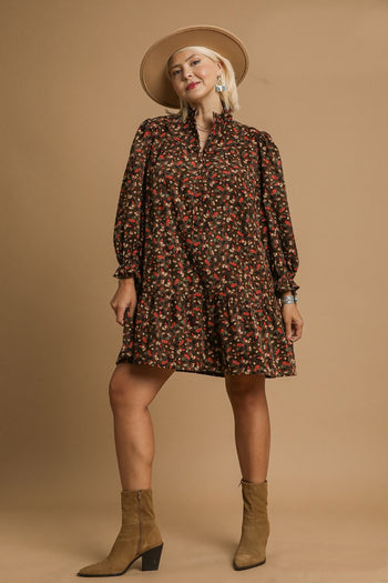 Umgee Floral Print Corduroy Mini Dress in Chocolate Mix