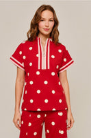 Jodifl Color Rib Band Contrast Zip Up Polka Dot Top in Red