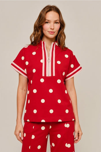 Jodifl Color Rib Band Contrast Zip Up Polka Dot Top in Red