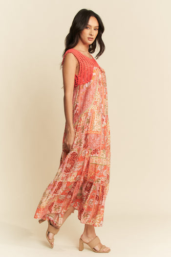 Davi & Dani Ethnic Print Maxi Dress with Open Crochet Straps in Coral Orange