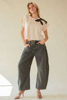 Davi & Dani Top with Bead Embellished Ribbon Patch in Cream Beige FINAL SALE