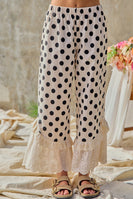BiBi Linen Blend Polka Dot Printed Ruffle Lace Hem Pants in Cream/Black