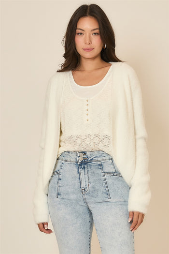 Cozy Co. Soft Eyelash Knit Cardigan in Off White