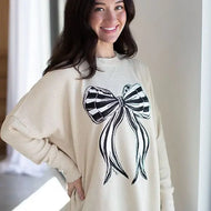 August Bleu Valentine's Distressed Waffle Knit Top with Black and White Striped Bow in Eggnog