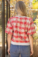 VOY Solid Ribbed Band Bubble Sleeve Plaid Top in Red