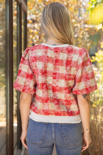 VOY Solid Ribbed Band Bubble Sleeve Plaid Top in Red