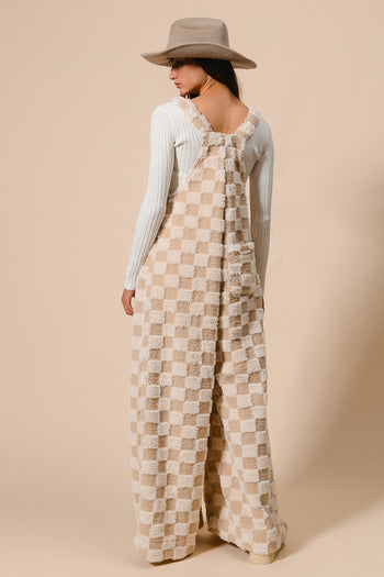BiBi Checker Print Sherpa Wide Leg Overalls in Ivory/Latte