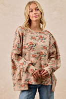 BiBi OVERSIZED Floral Print Waffle Knit Top in Taupe ON ORDER