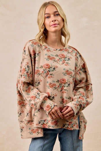 BiBi OVERSIZED Floral Print Waffle Knit Top in Taupe ON ORDER