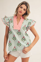Jodifl Scallop Trim Accent Ruffle Sleeves Boho Floral Top in Mint