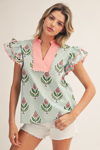 Jodifl Scallop Trim Accent Ruffle Sleeves Boho Floral Top in Mint