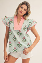 Load image into Gallery viewer, Jodifl Scallop Trim Accent Ruffle Sleeves Boho Floral Top in Mint
