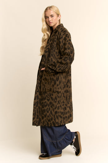 Davi & Dani Color Block Contrasting Animal Print Midi Jacket in Tan Brown