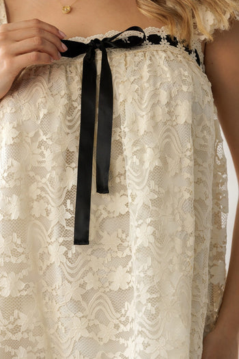 Storia Lace Contrast Ribbon Mini Dress in Cream/Black