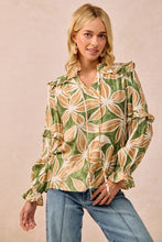Load image into Gallery viewer, BiBi Bold Floral Print Top with Ruffle Details in Olive/Latte
