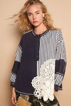 Load image into Gallery viewer, POL OVERSIZED Thermal and Woven Knit Top with Crochet Patch Details in Indigo ON ORDER
